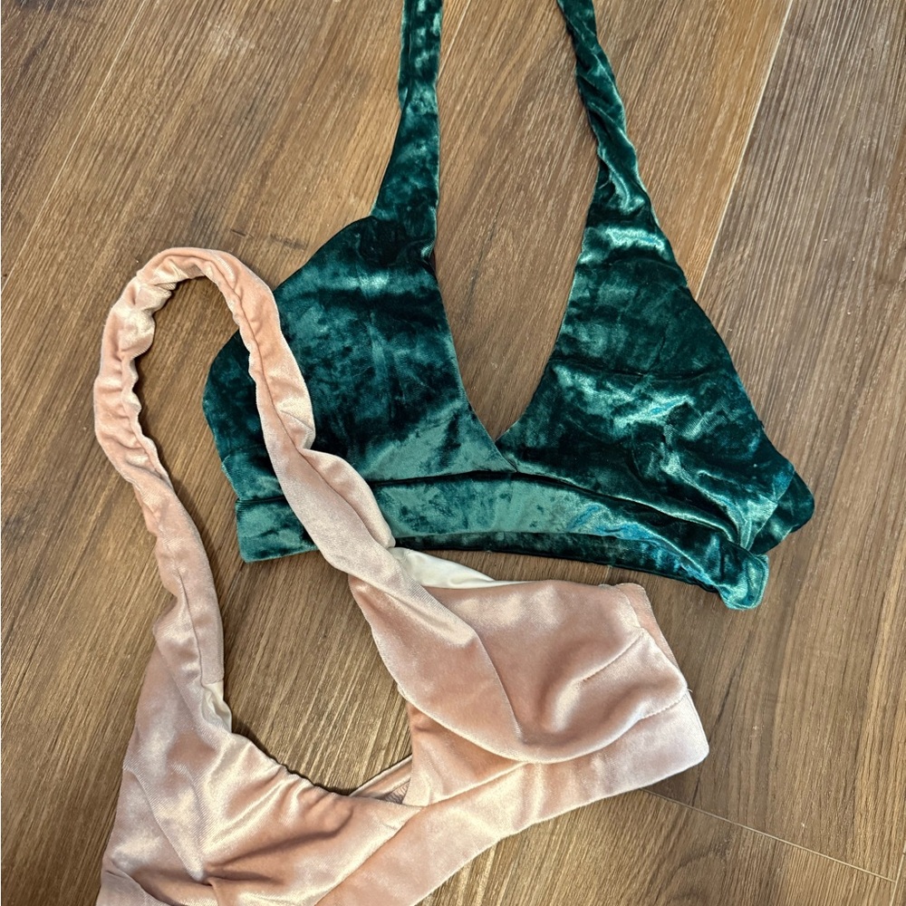 Velvet Bralette Set in Green and Pink quality pole dance tops give good cleavage